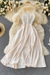 Romantisches Spitzenstickerei-Partykleid Lady Strap Satin Langes Kleid